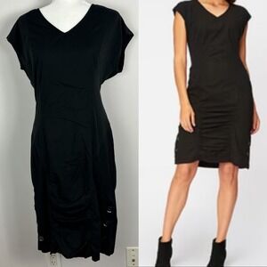 XCVI Black Ruched Side Button Poplin Midi Dress Womens Size Medium Style 3326T